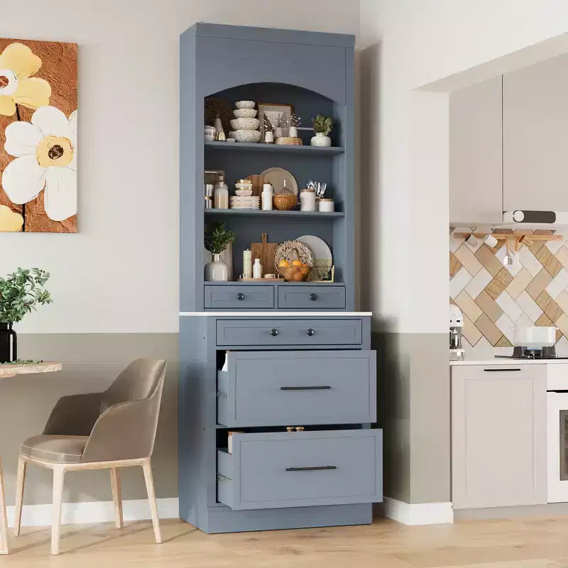 Meuble de Rangement de Cuisine Autoportant avec Tiroirs et Étagères, Grande Armoire de Cuisine avec Plateau Effet Marbre