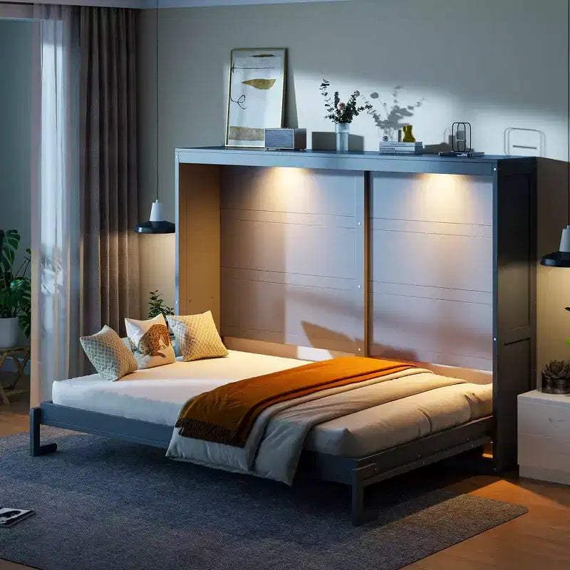 Lit escamotable Queen Size avec armoire, cadre de lit escamotable en bois avec commode, lit mural pliant pour chambre à coucher