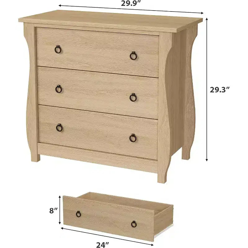 Commode à 3 tiroirs - Commode haute de style bohème avec pieds incurvés, accents en rotin et rangement autoportant pour salon, chambre, entrée ou balcon