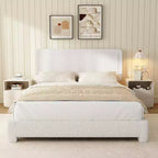 Cadre de lit Dyonery Boucle, Cadre de lit en tissu Teddy rembourré blanc avec tête de lit, Tête de lit réglable, Montage facile