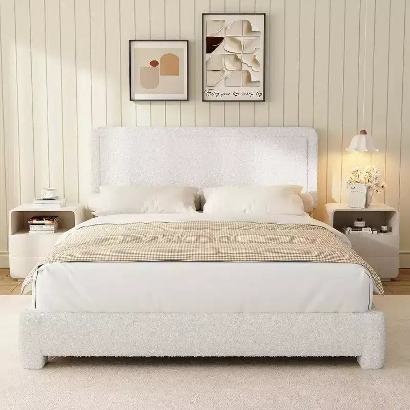 Cadre de lit Dyonery Boucle, Cadre de lit en tissu Teddy rembourré blanc avec tête de lit, Tête de lit réglable, Montage facile