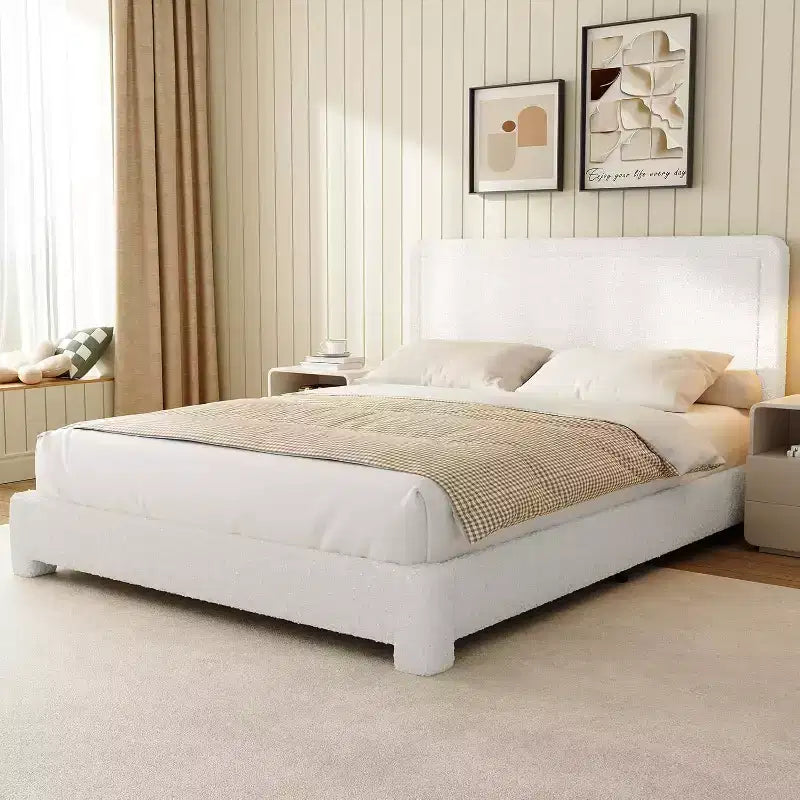 Cadre de lit Dyonery Boucle, Cadre de lit en tissu Teddy rembourré blanc avec tête de lit, Tête de lit réglable, Montage facile
