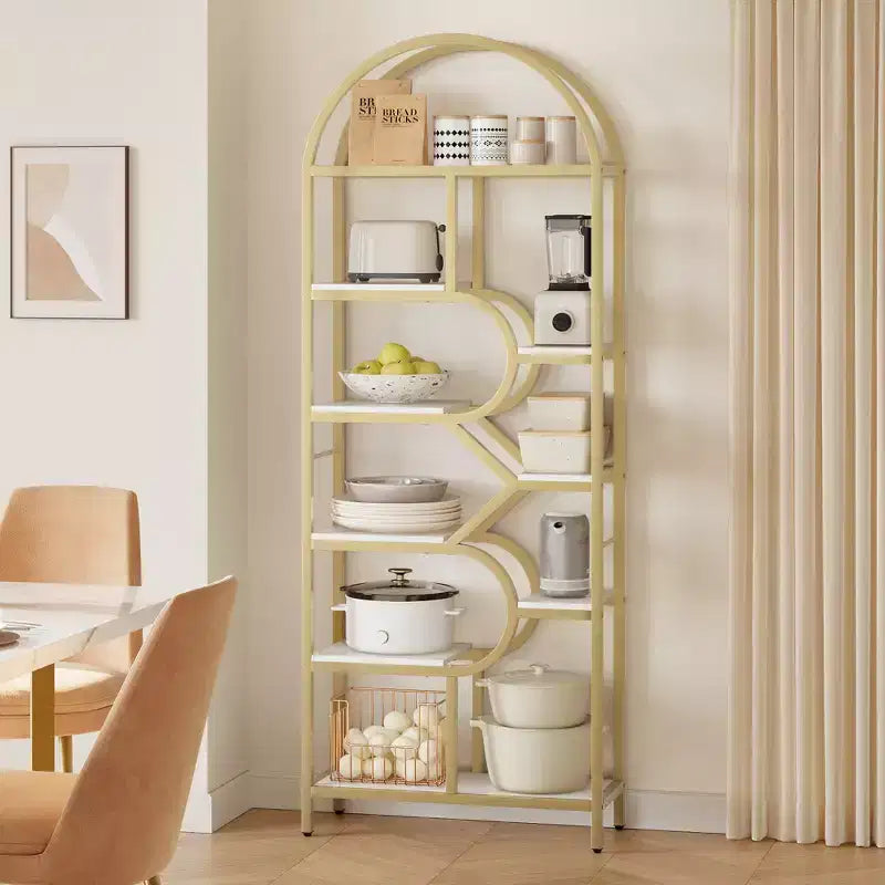 Étagère arquée de 81,7 po de hauteur à 6 niveaux avec cadre en métal, étagère de présentation ouverte géométrique pour chambre, salon et bureau