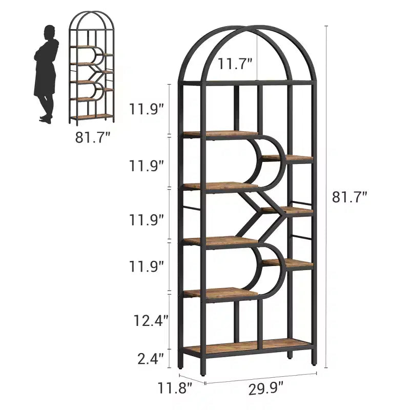 Étagère arquée de 81,7 po de hauteur à 6 niveaux avec cadre en métal, étagère de présentation ouverte géométrique pour chambre, salon et bureau
