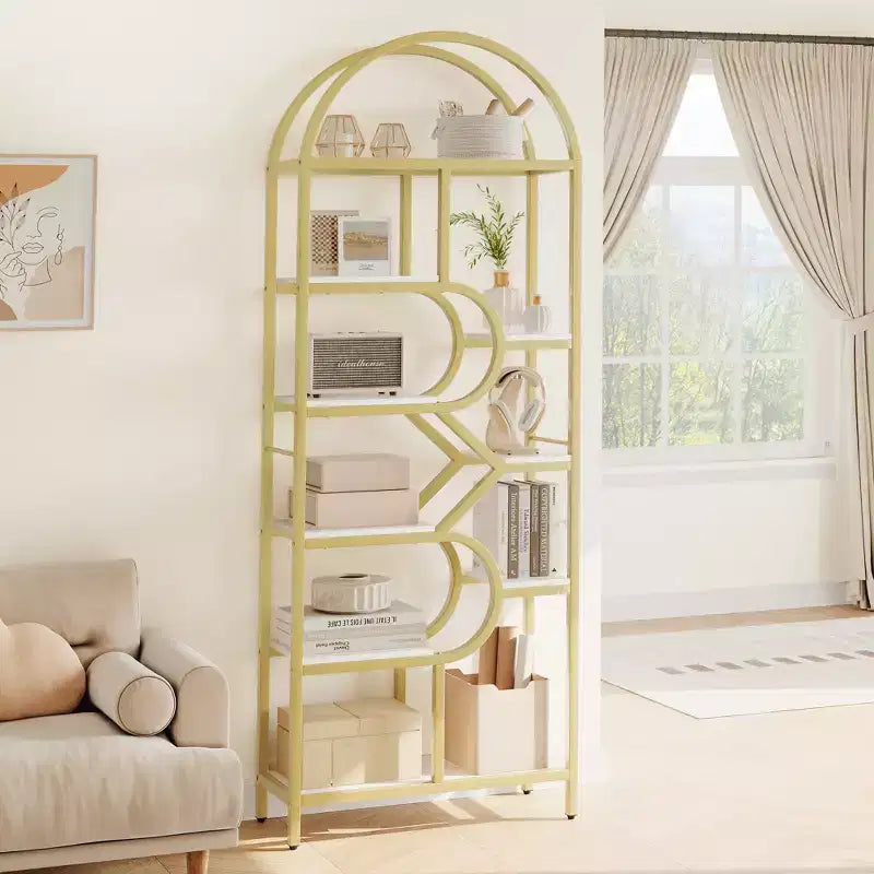 Étagère arquée de 81,7 po de hauteur à 6 niveaux avec cadre en métal, étagère de présentation ouverte géométrique pour chambre, salon et bureau
