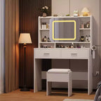 Coiffeuse avec miroir coulissant, lumières LED et station de recharge, coiffeuse compacte de 100 cm (39'') de large avec tabouret pour petites chambres