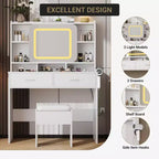 Coiffeuse avec miroir coulissant, lumières LED et station de recharge, coiffeuse compacte de 100 cm (39'') de large avec tabouret pour petites chambres