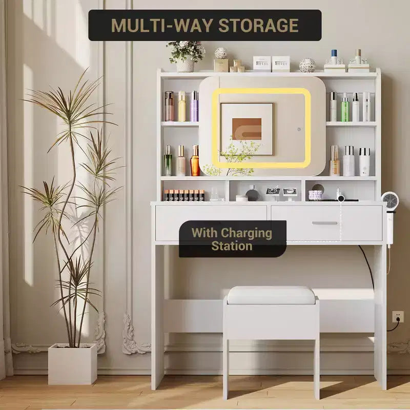 Coiffeuse avec miroir coulissant, lumières LED et station de recharge, coiffeuse compacte de 100 cm (39'') de large avec tabouret pour petites chambres