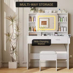 Coiffeuse avec miroir coulissant, lumières LED et station de recharge, coiffeuse compacte de 100 cm (39'') de large avec tabouret pour petites chambres