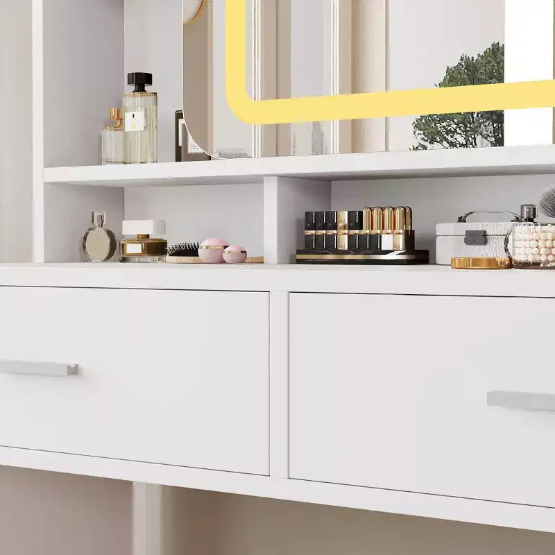 Coiffeuse avec miroir coulissant, lumières LED et station de recharge, coiffeuse compacte de 100 cm (39'') de large avec tabouret pour petites chambres