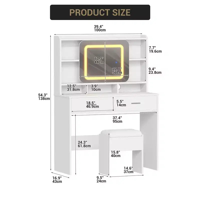 Coiffeuse avec miroir coulissant, lumières LED et station de recharge, coiffeuse compacte de 100 cm (39'') de large avec tabouret pour petites chambres