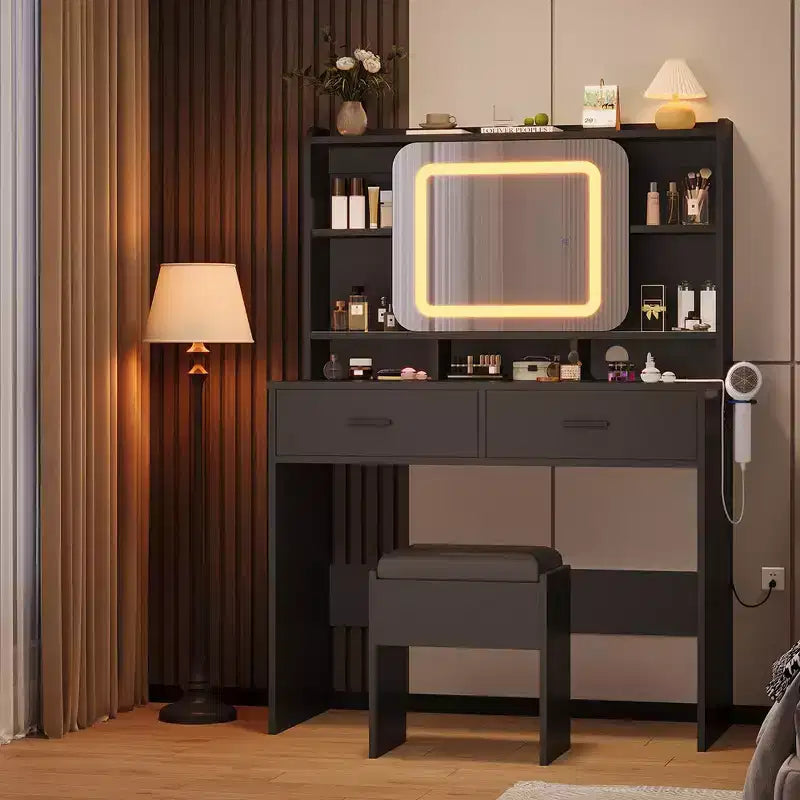 Coiffeuse avec miroir coulissant, lumières LED et station de recharge, coiffeuse compacte de 100 cm (39'') de large avec tabouret pour petites chambres