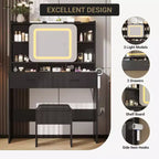 Coiffeuse avec miroir coulissant, lumières LED et station de recharge, coiffeuse compacte de 100 cm (39'') de large avec tabouret pour petites chambres