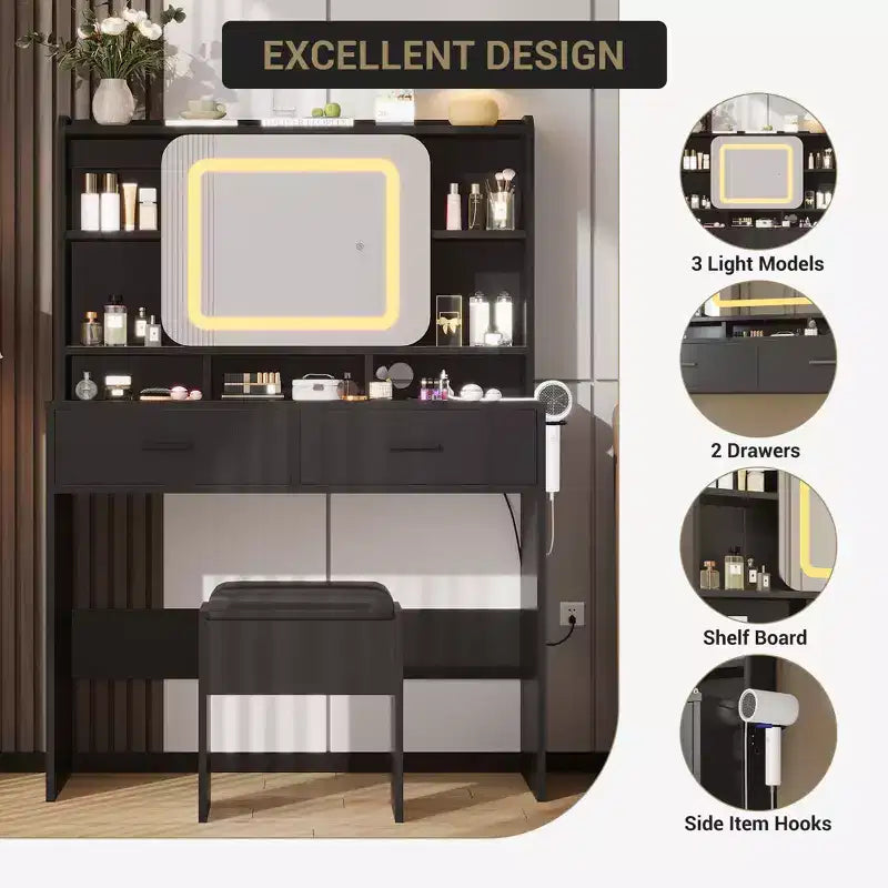 Coiffeuse avec miroir coulissant, lumières LED et station de recharge, coiffeuse compacte de 100 cm (39'') de large avec tabouret pour petites chambres