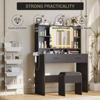 Coiffeuse avec miroir coulissant, lumières LED et station de recharge, coiffeuse compacte de 100 cm (39'') de large avec tabouret pour petites chambres