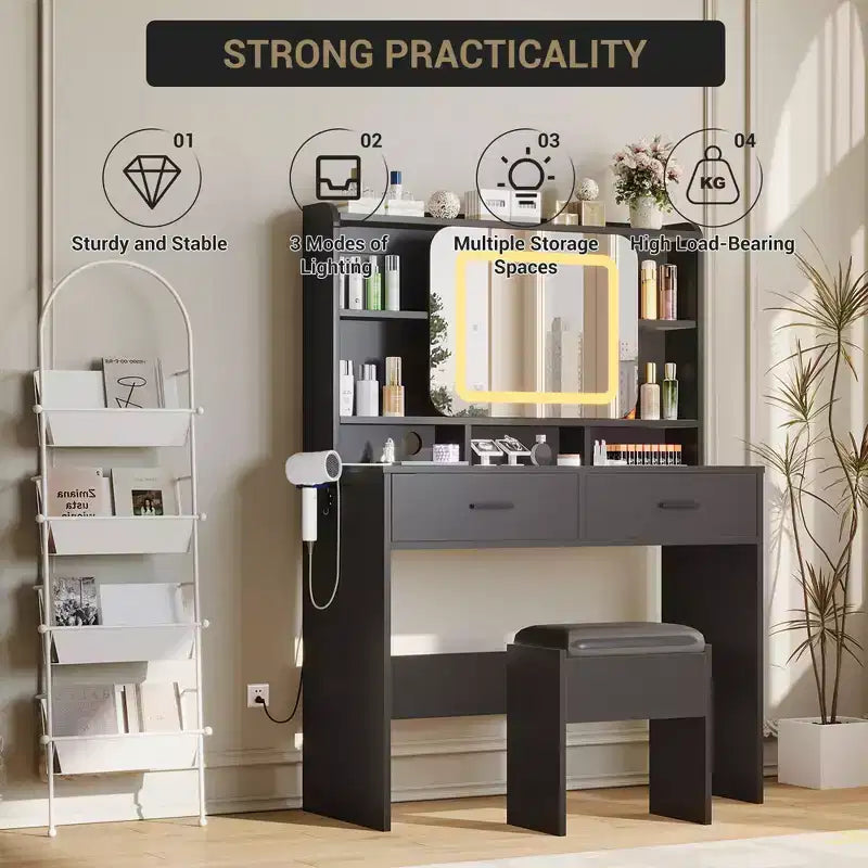 Coiffeuse avec miroir coulissant, lumières LED et station de recharge, coiffeuse compacte de 100 cm (39'') de large avec tabouret pour petites chambres