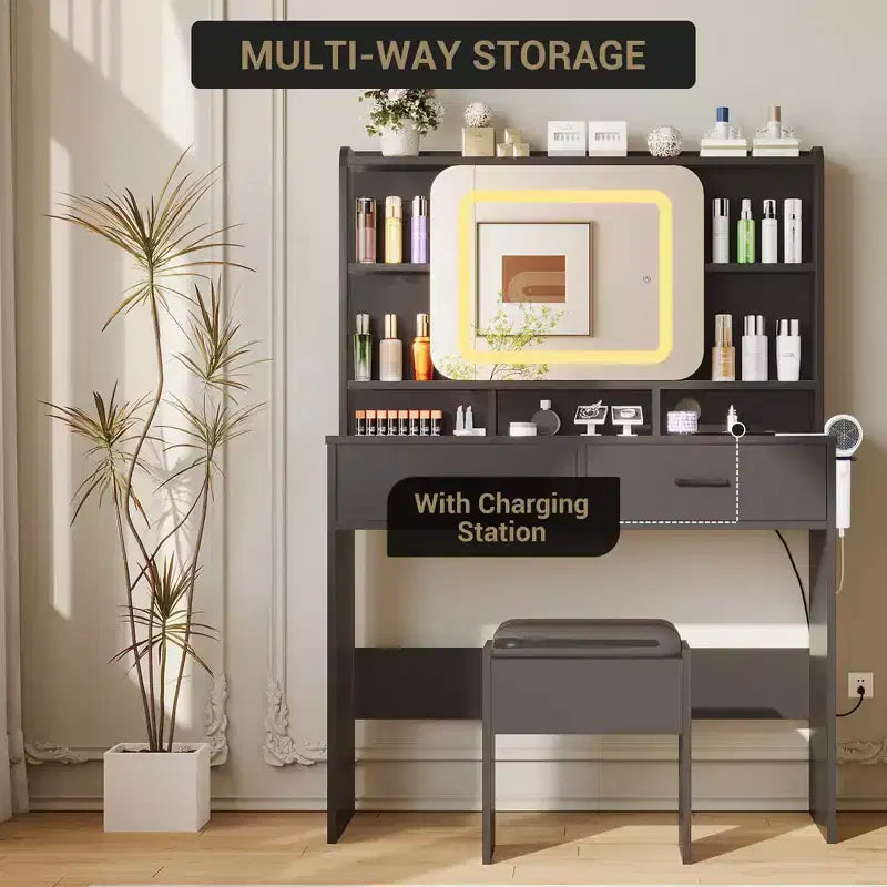 Coiffeuse avec miroir coulissant, lumières LED et station de recharge, coiffeuse compacte de 100 cm (39'') de large avec tabouret pour petites chambres