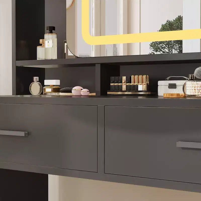 Coiffeuse avec miroir coulissant, lumières LED et station de recharge, coiffeuse compacte de 100 cm (39'') de large avec tabouret pour petites chambres
