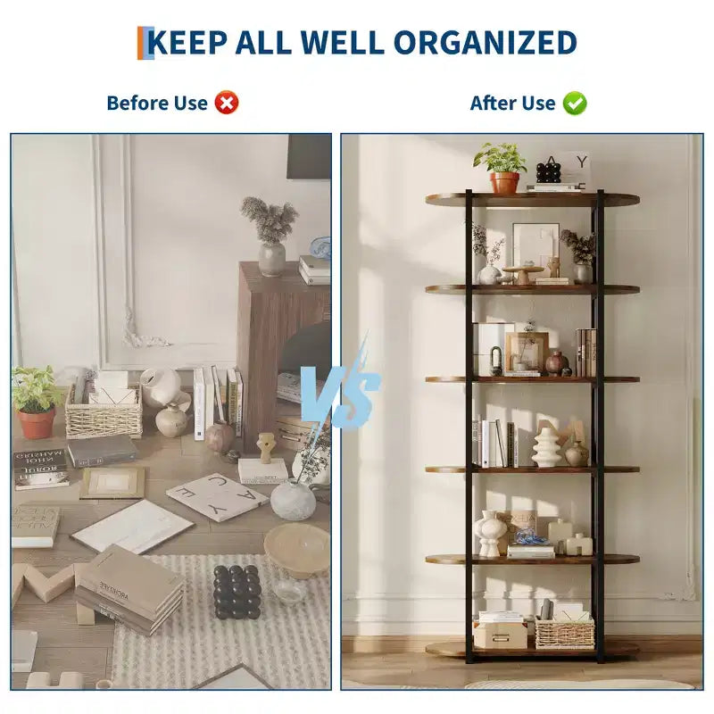 COZONY Étagère à Livres Industrielle en Bois de 180 cm, Unité de Rangement Ouverte à 6 Niveaux avec Cadre Métallique pour la Maison et le Bureau