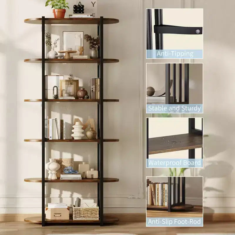 COZONY Étagère à Livres Industrielle en Bois de 180 cm, Unité de Rangement Ouverte à 6 Niveaux avec Cadre Métallique pour la Maison et le Bureau