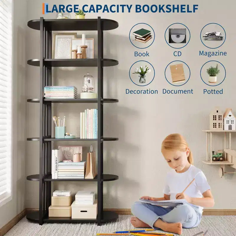 COZONY Étagère à Livres Industrielle en Bois de 180 cm, Unité de Rangement Ouverte à 6 Niveaux avec Cadre Métallique pour la Maison et le Bureau