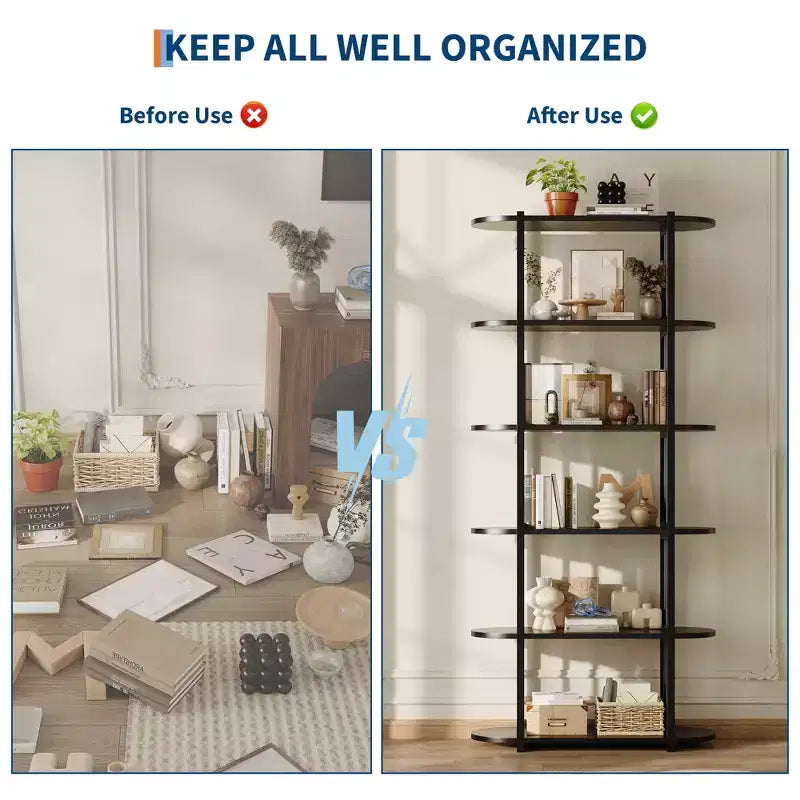 COZONY Étagère à Livres Industrielle en Bois de 180 cm, Unité de Rangement Ouverte à 6 Niveaux avec Cadre Métallique pour la Maison et le Bureau