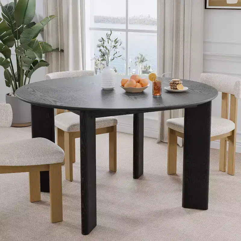 PexFix 52 x 52 Table de salle à manger de ferme en bois massif noir avec plateau rond en bois pour salles à manger modernes et réunions de famille