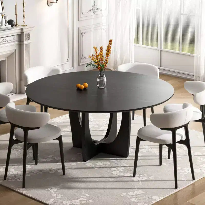 PexFix 59 x 59 Solid Wood Farmhouse Dining Table Round Wood Top with Arched Cross Legs for Modern Dining Rooms & Family Gatherings Black