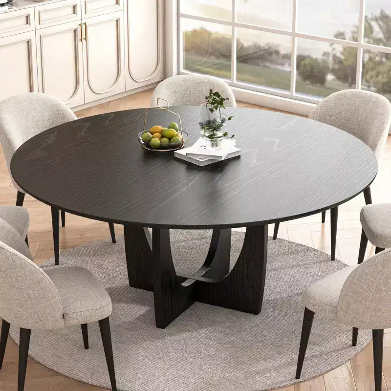 PexFix 59 x 59 Table à manger de ferme en bois massif Plateau rond en bois avec pieds en croix arqués pour salles à manger modernes et réunions de famille Noir