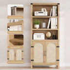 Bibliothèque 3 étages Acekool avec meuble de rangement, étagères réglables et portes en rotin, bibliothèque verticale 69 de style ferme, deux ensembles