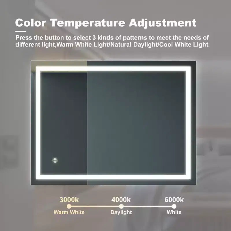 Acekool 32 x 24 Pouces Miroir de Salle de Bain, Miroir de Coiffeuse Mural avec Commande Tactile, Luminosité Réglable, Anti-Buée, Sélection de la Température de Couleur