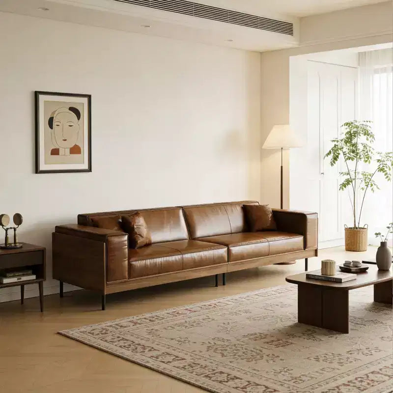 Canapé en cuir ciré à l'huile de luxe Luck Live Mid-Century Modern 111,81, canapé vintage haut de gamme, cadre robuste, assise confortable.