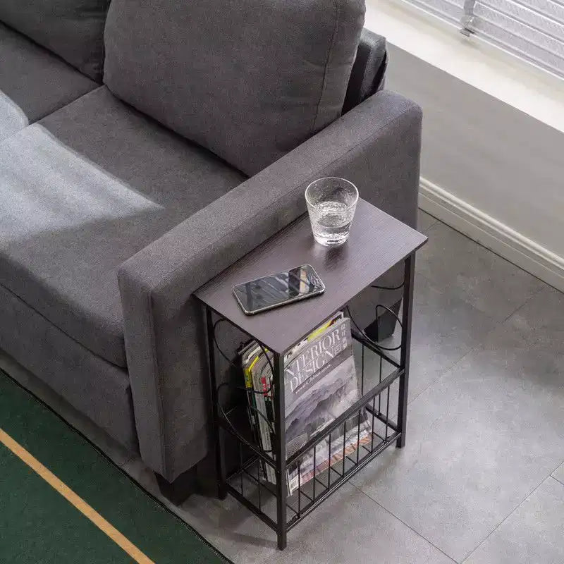 Table d'appoint rectangulaire avec plateau en panneau de fibres de bois de densité couleur café foncé, démonté et remonté, cadre en fer thermolaqué noir