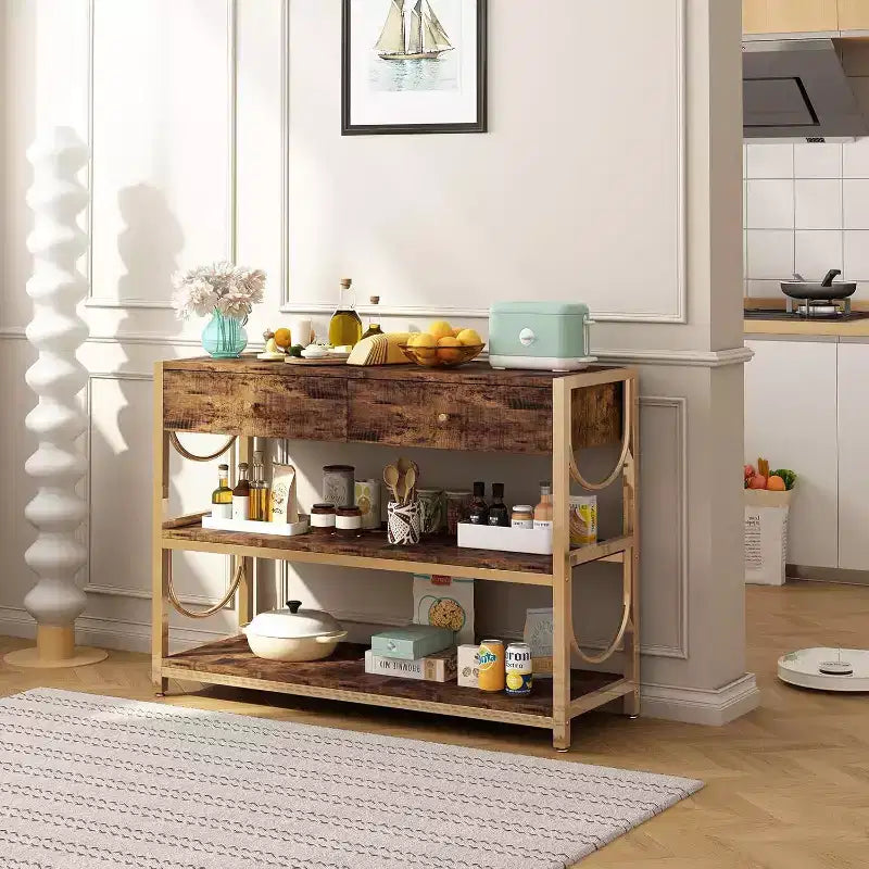 Console en U dorée, porte-manteau de style ottoman pour entrée avec accents décoratifs en acier de Damas, solution de rangement élégante pour couloir et hall d'entrée