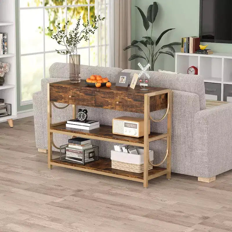 Console en U dorée, porte-manteau de style ottoman pour entrée avec accents décoratifs en acier de Damas, solution de rangement élégante pour couloir et hall d'entrée