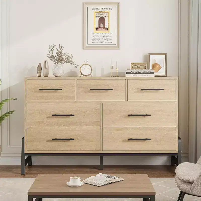 Commode de rangement moderne de 132 cm avec 7 tiroirs spacieux, meuble de rangement pour salon, chambre à coucher