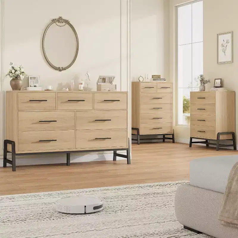 Commode de rangement moderne de 132 cm avec 7 tiroirs spacieux, meuble de rangement pour salon, chambre à coucher