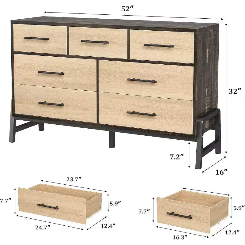 Commode de rangement moderne de 132 cm avec 7 tiroirs spacieux, meuble de rangement pour salon, chambre à coucher