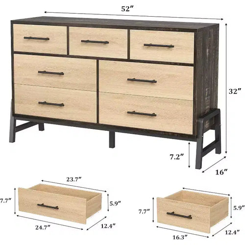 Commode de rangement moderne de 132 cm avec 7 tiroirs spacieux, meuble de rangement pour salon, chambre à coucher