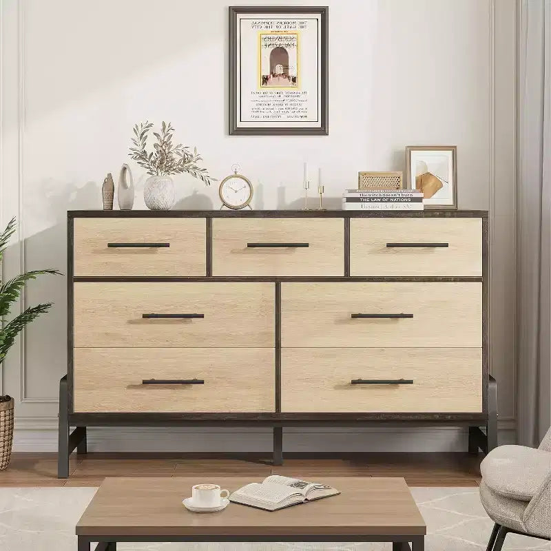 Commode de rangement moderne de 132 cm avec 7 tiroirs spacieux, meuble de rangement pour salon, chambre à coucher