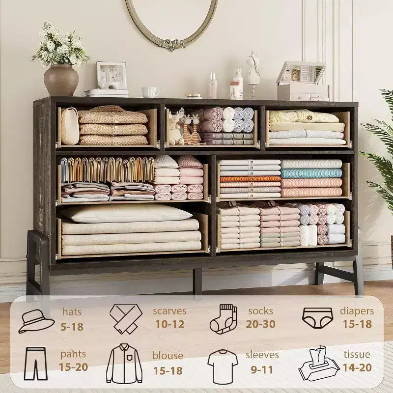 Commode de rangement moderne de 132 cm avec 7 tiroirs spacieux, meuble de rangement pour salon, chambre à coucher