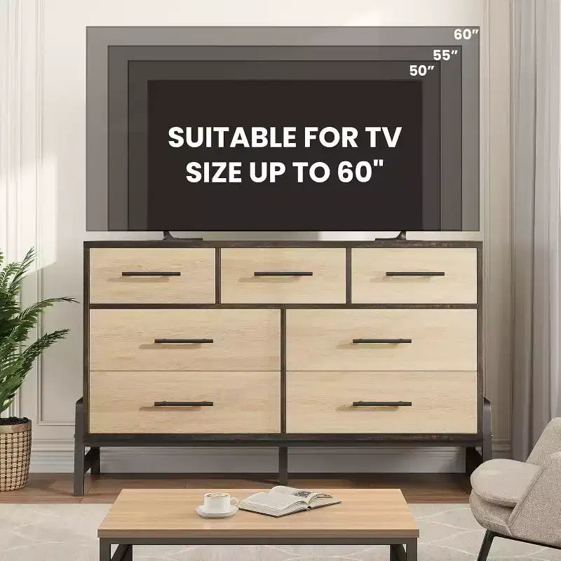 Commode de rangement moderne de 132 cm avec 7 tiroirs spacieux, meuble de rangement pour salon, chambre à coucher