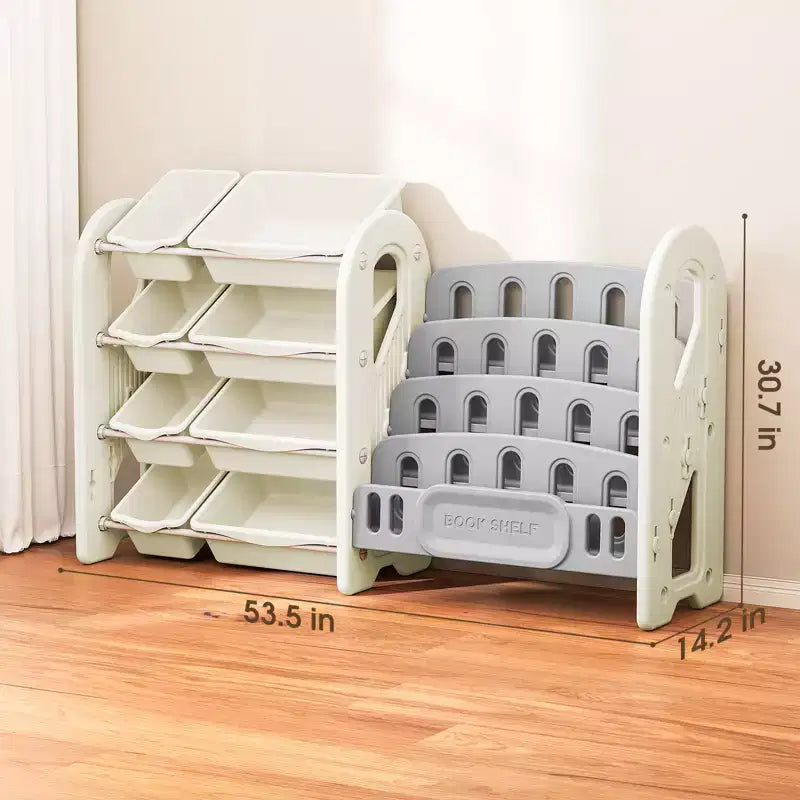 SUGIFT Meuble de Rangement pour Jouets et Étagère à Livres pour Enfants, Étagère de Rangement 2-en-1 avec 9 Bacs et 4 Compartiments à Livres, Plastique sans BPA pour Crèche et Salle de Jeux