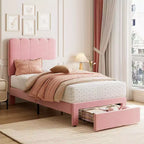 COZONY Twin Bed Frame with Storage Drawer & Wave Headboard, Wooden Slats Support Platform Bed for Kids & Girls Bedroom, No Box Spring Needed