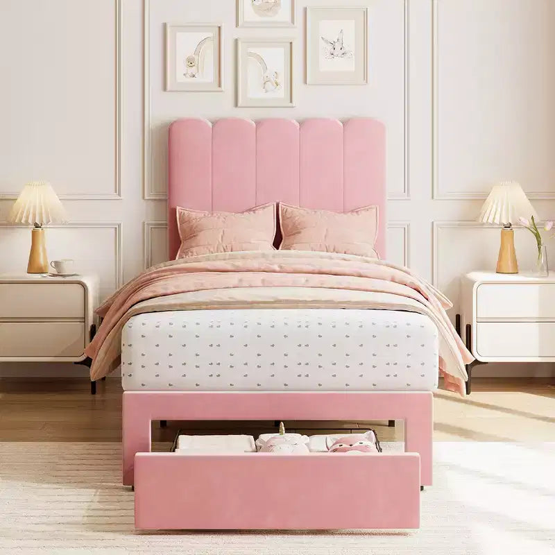 COZONY Cadre de lit jumeau avec tiroir de rangement et tête de lit ondulée, lit plateforme avec lattes en bois pour chambre d'enfants et de filles, pas besoin de sommier tapissier