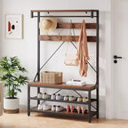 Porte-manteau banc à chaussures COZONY 72, banc d'entrée 4 en 1 avec 8 crochets et étagère de rangement à 3 niveaux, organiseur d'entrée autoportant avec accent en bois