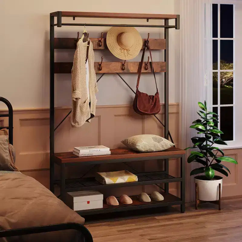 Porte-manteau banc à chaussures COZONY 72, banc d'entrée 4 en 1 avec 8 crochets et étagère de rangement à 3 niveaux, organiseur d'entrée autoportant avec accent en bois
