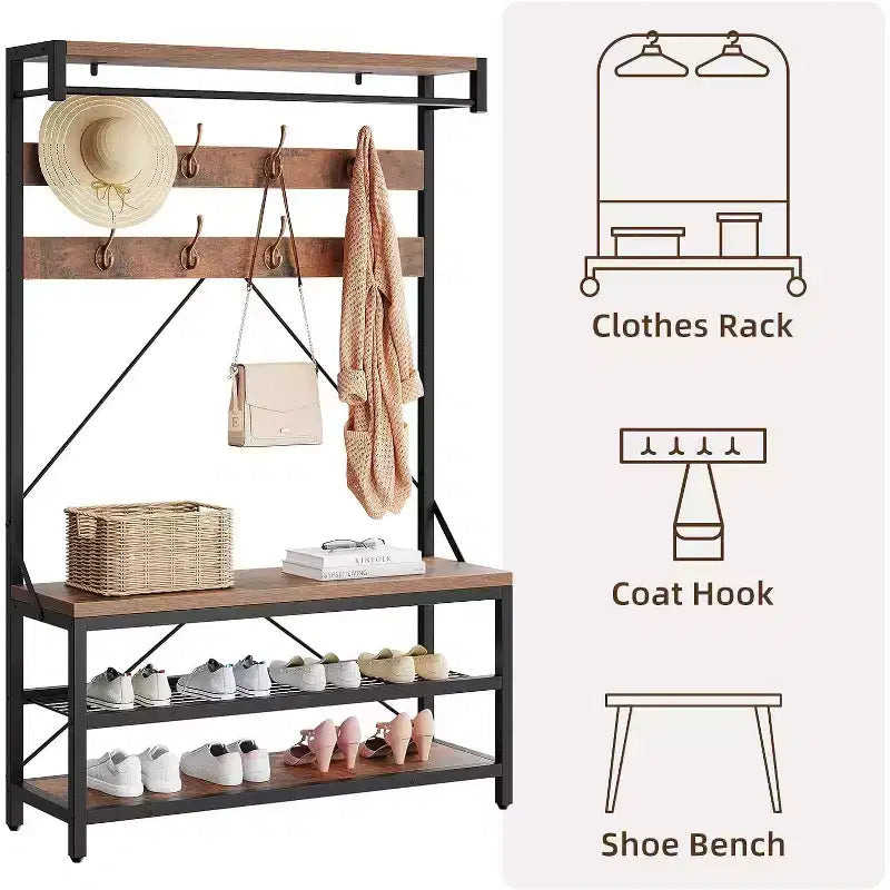Porte-manteau banc à chaussures COZONY 72, banc d'entrée 4 en 1 avec 8 crochets et étagère de rangement à 3 niveaux, organiseur d'entrée autoportant avec accent en bois