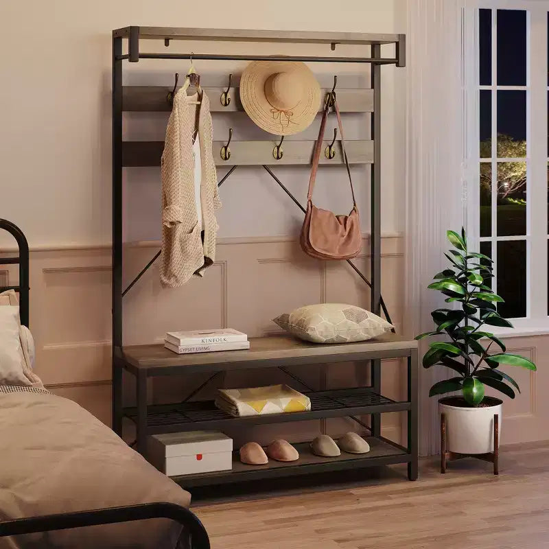 Porte-manteau banc à chaussures COZONY 72, banc d'entrée 4 en 1 avec 8 crochets et étagère de rangement à 3 niveaux, organiseur d'entrée autoportant avec accent en bois