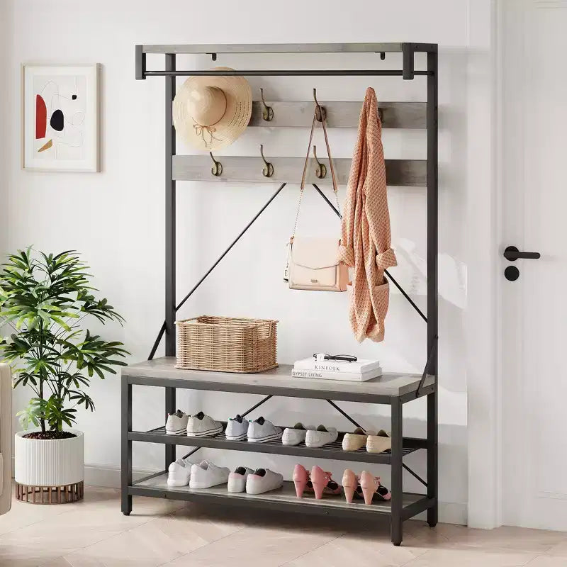 Porte-manteau banc à chaussures COZONY 72, banc d'entrée 4 en 1 avec 8 crochets et étagère de rangement à 3 niveaux, organiseur d'entrée autoportant avec accent en bois